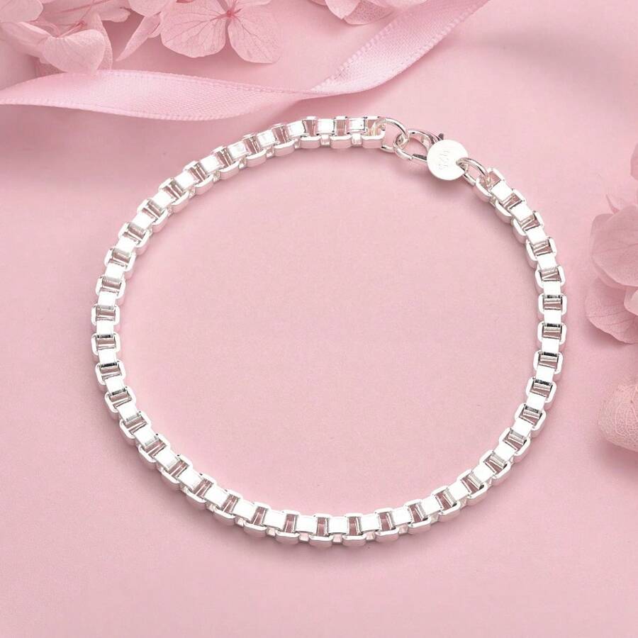 1 Stück 925er Silber 4MM Quadratische Box Kette Armband für Männer Frauen Mode Charm Schmuck Party Luxus Geschenk Accessoires