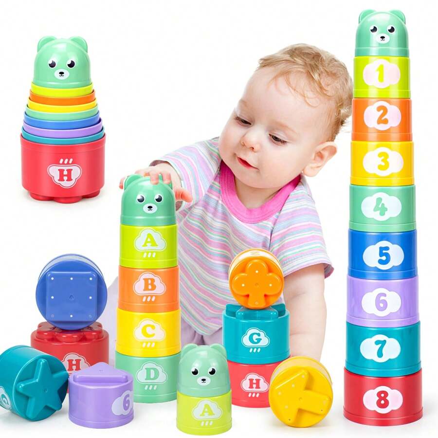 Juego de 9 piezas de vasos apilables educativos para bebé, juguetes de aprendizaje para clasificación, ciencia y cognición educativa, bloques de construcción de partículas grandes, vasos apilables con patrones de letras digitales y diseño de oso de dibujos animados (colores aleatorios)