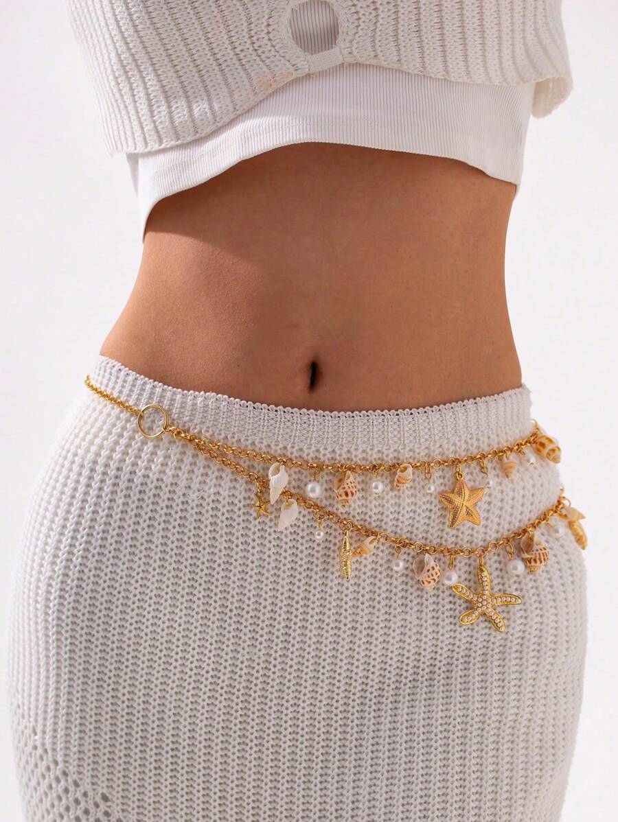 1 Stück/2 Stücke exquisite geometrische Muschel, Seestern, Perlen-Quaste Taillenkette, leichter luxuriöser Mode-Taillenträger, passend für Party, Hochzeit, Date, Jahrestag