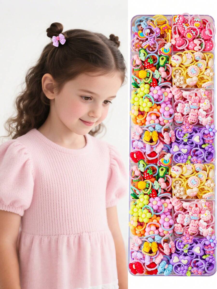 50pcs/Set Random Mix Color & Design Bow Elastic Hair Bands, Cute Flower Vegetable Fruit Strawberry Hair Accessories, Suitable For Girls Daily Use