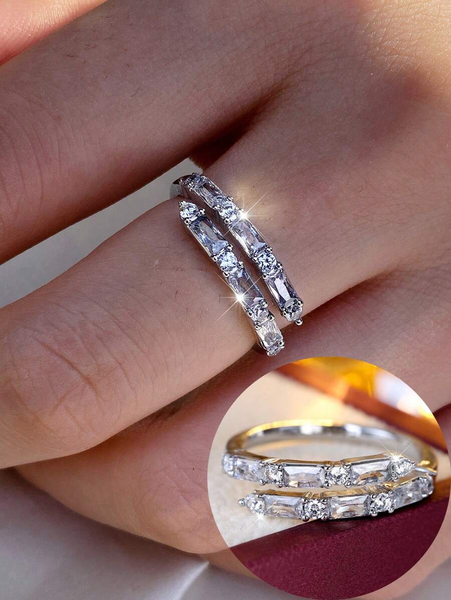 1pc Women Fashion Versatile Double-Layer Fully Rhinestone Adjustable Ring, Suitable For Daily Wear And Gift
