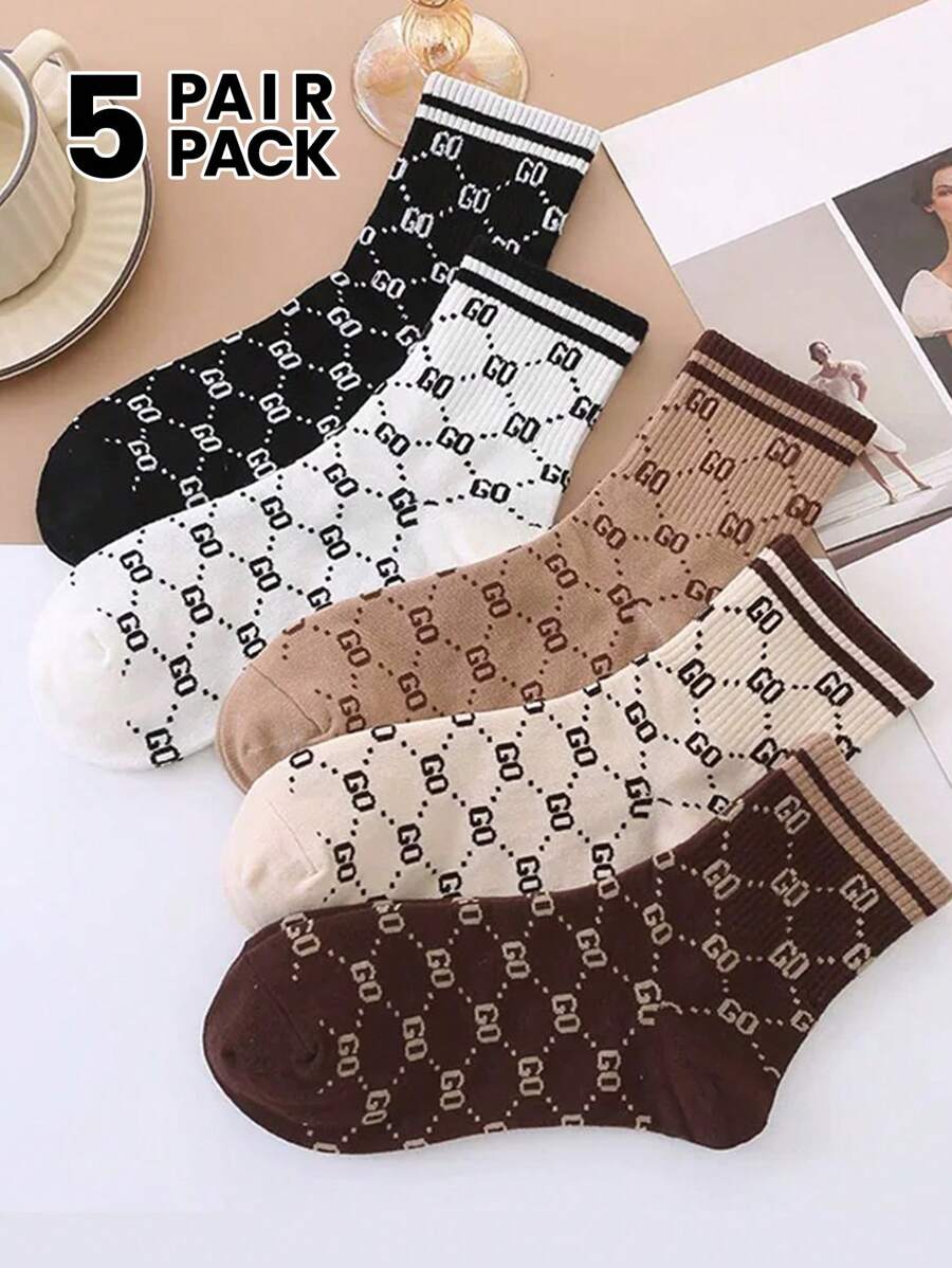 5 Pairs Women's Striped Letter Pattern Socks, Multi-Color, Elegant Retro Style Fashionable Versatile Sports Socks, Spring/Summer