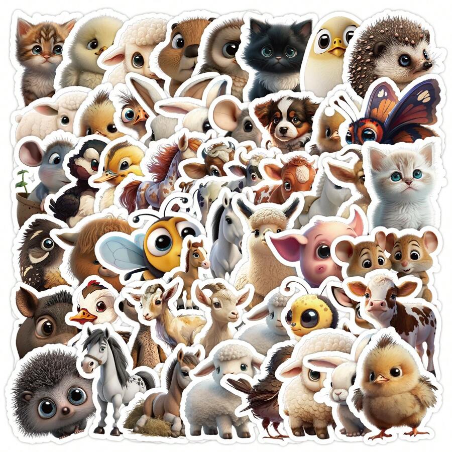50pcs Realistic Cartoon Animal Stickers, PVC Glossy Self-Adhesive Decals, Suitable For Decorating Cups, Luggage, Skateboards, Guitars, Tablets, Phones, Notebooks, Stationery, Planner For Adults And Teenagers, School Supplies,Back To School