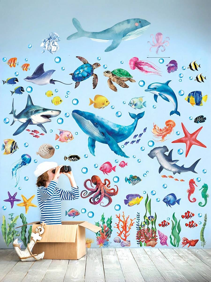 2/5pcs/Set Magical Underwater World Wall Stickers, PVC Removable Marine Animals Decals For Kids Room, Nursery, Decoration, Self-Adhesive Waterproof Wallpaper, Suitable For Summer Holiday, Birthday Party, Early Education, Home Decor