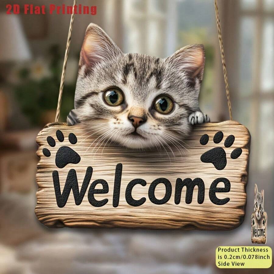 1 pezzo Segno di benvenuto in legno stile vintage con adorabile design a gatto, stampa 2D piatta, legno di alta qualità, facile da montare a muro per casa, bar, ristorante, idea regalo unica per spazi piccoli, decorazione a tema gatto