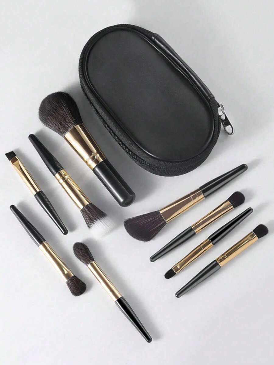 9 Peças Mini Conjunto de Pincéis de Maquiagem, Kit de Viagem Portátil, Adequado para Iniciantes, Pincéis de Pó e Contorno com Nécessaire Preto