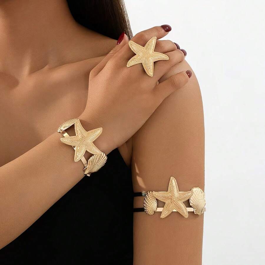 3 Peças Conjunto de Pulseira, Bracelete e Anel de Estilo Oceânico da Moda com Estrela do Mar e Concha, Presente para Mulheres, Adequado para Férias e Uso Diário