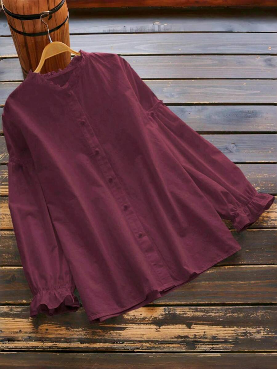Women's Elegant, Graceful, And Cute Fashionable Minimalist Design Blouses Tops Spring And Fall Solid Color Long Sleeve Button-Up Round Neck Ruffle Trim Shirt Versatile For Office, Vacation, And Commuting Attire