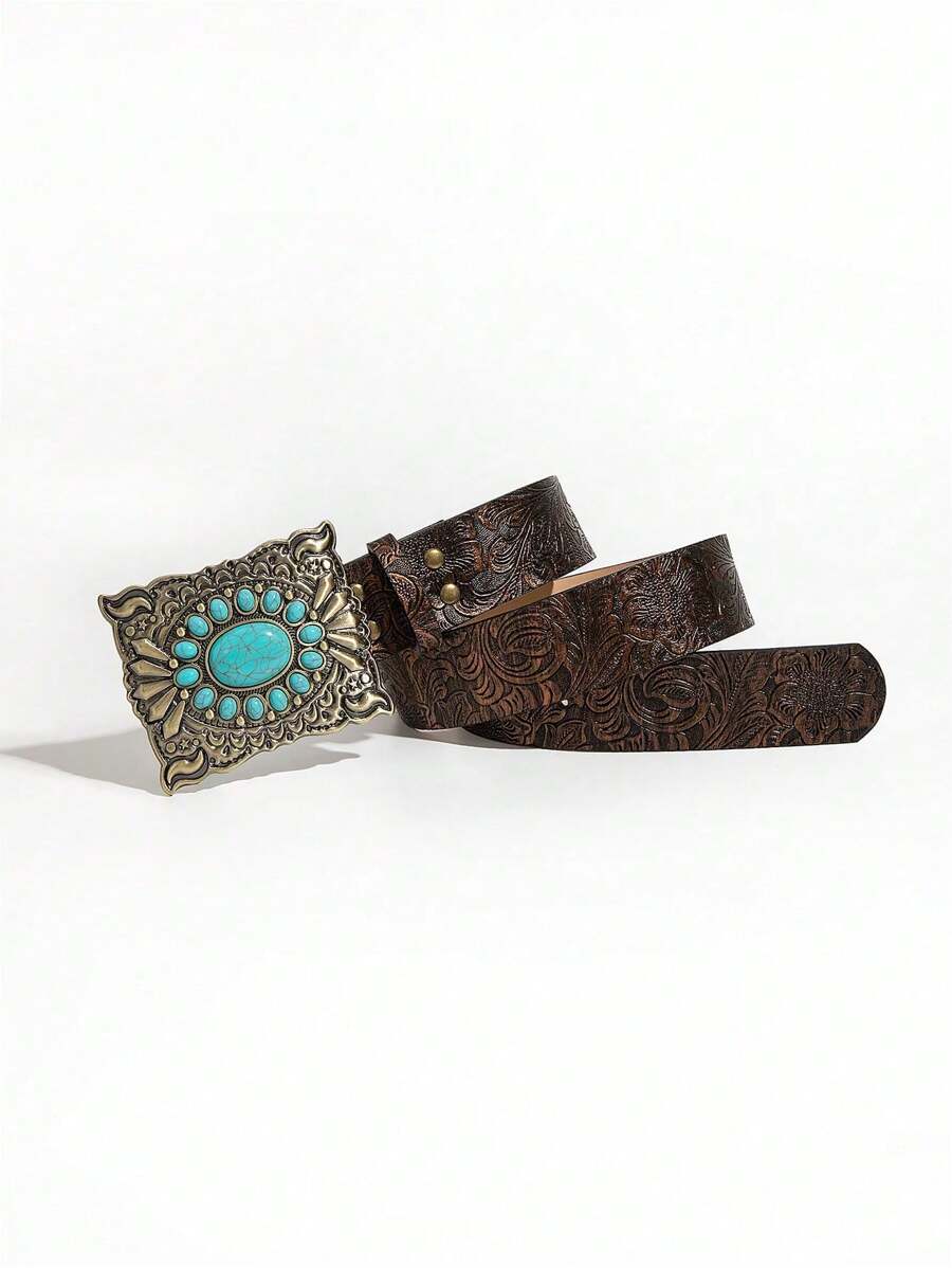 1pc Women's Fashion Embossed Bohemian Style Rhinestone Decor Belt