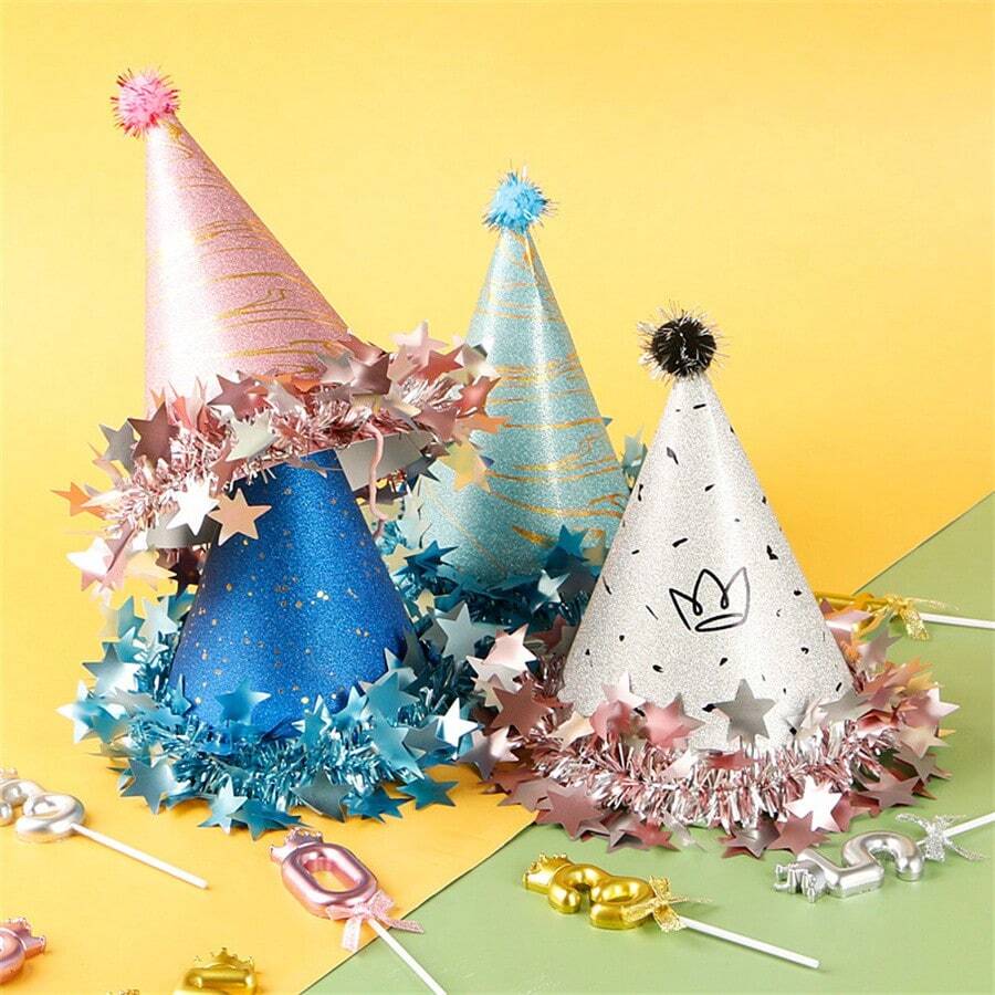 Plush Ball Pompom Star Trim Birthday Hat, Cake Party Decor Matte Pearl Cone Tip Cap For Adults