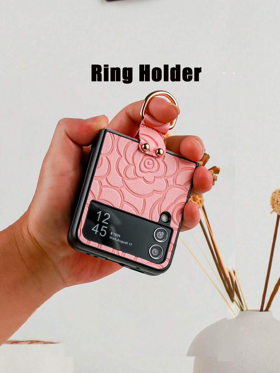 Flower 1pc Hot Pressed Floral Patterned PU Leather Electroplated Ring Foldable Phone Case Compatible With Samsung Galaxy Z Flip3 5G, Galaxy Z Flip4 5G, Galaxy Z Flip5 5G, Galaxy Z Flip6 5G