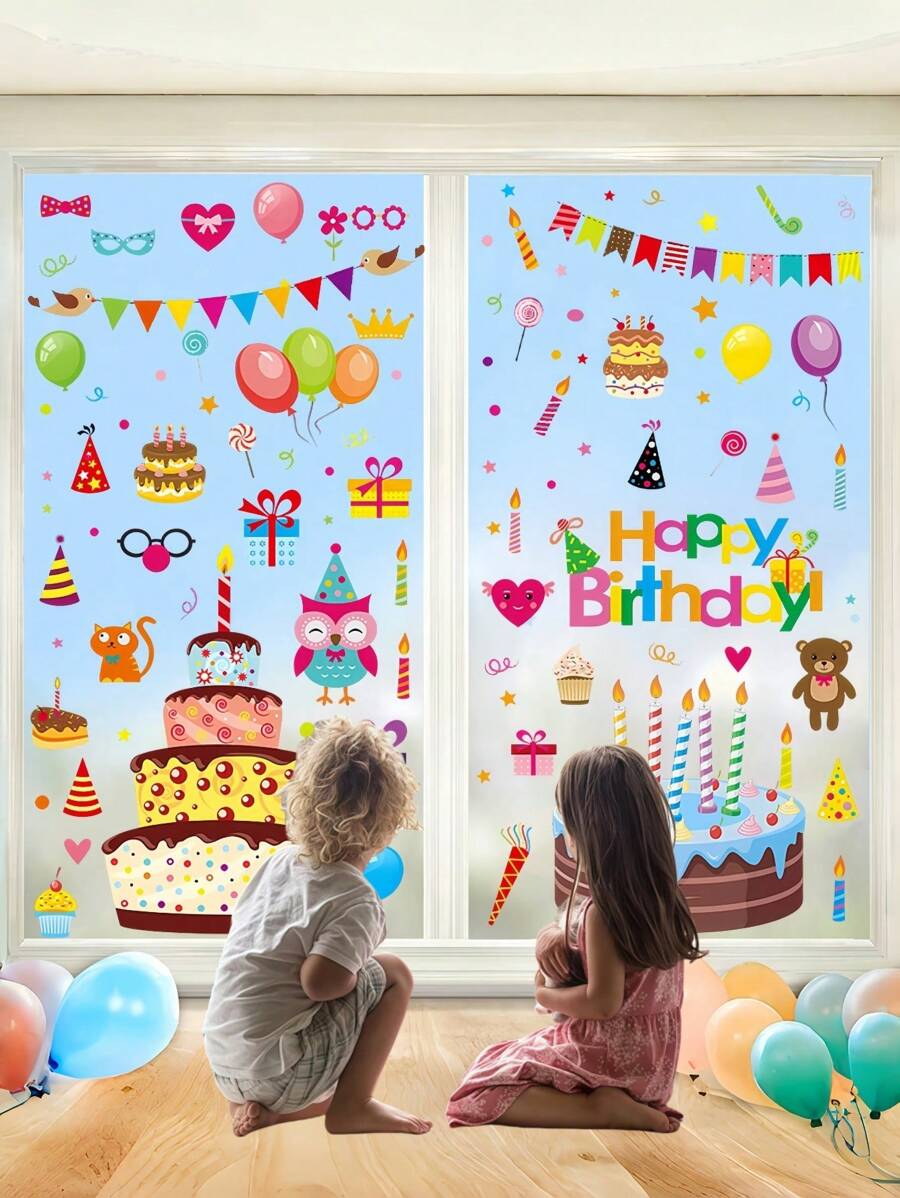 4pcs/Set Birthday Party Window Decorative Sticker Kit, PVC Removable Holiday Atmosphere Stickers, Balloon Cake 3D Wall Decals For Kids Room/Classroom, Christmas & Halloween Home Decor Gift Set