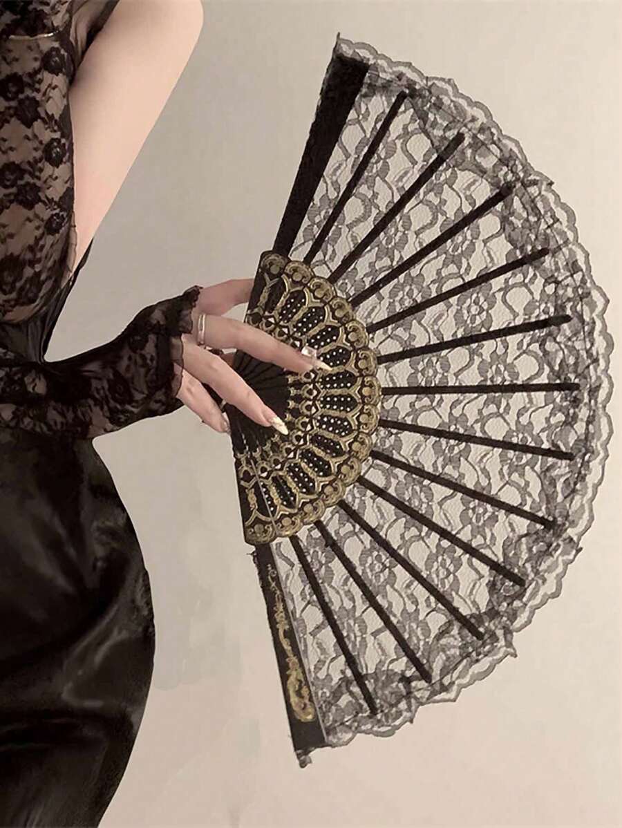 1pc Exquisite Gold Rose Lace Fan, Elegant And Beautiful Lace Material, Cool Fan Accompanies Your Daily Travel, Gatherings And Parties, Suitable For Photography And Dancing, A Must-Have Decorative Item For Fashionable Women's Charm! Vintage Black Lace Folding Fan JK Lolita Cheongsam Fan Antique Style Photo Props Lace Lace Women Folding Summer Wedding Gifts Dance High End Props Folding Fan Fan Hand Fanfolding Fan