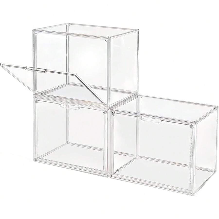 Clear Stackable Plastic Storage Bins With Magnetic Lid, Dustproof Book & Cosmetic Display Cases, Large Figures Collectibles Showcase, Shoe Box, Protection Organizer (Transparent, L-3 Pack)