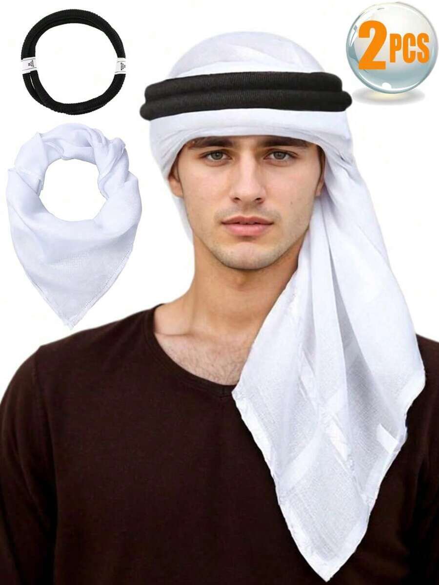 2 pièces Châle rétro arabe pour hommes, foulards nationaux du Moyen-Orient Dubaï + bandeau anti-dérapant de 57 cm, tour de tête en polyester couleur unie, toutes saisons