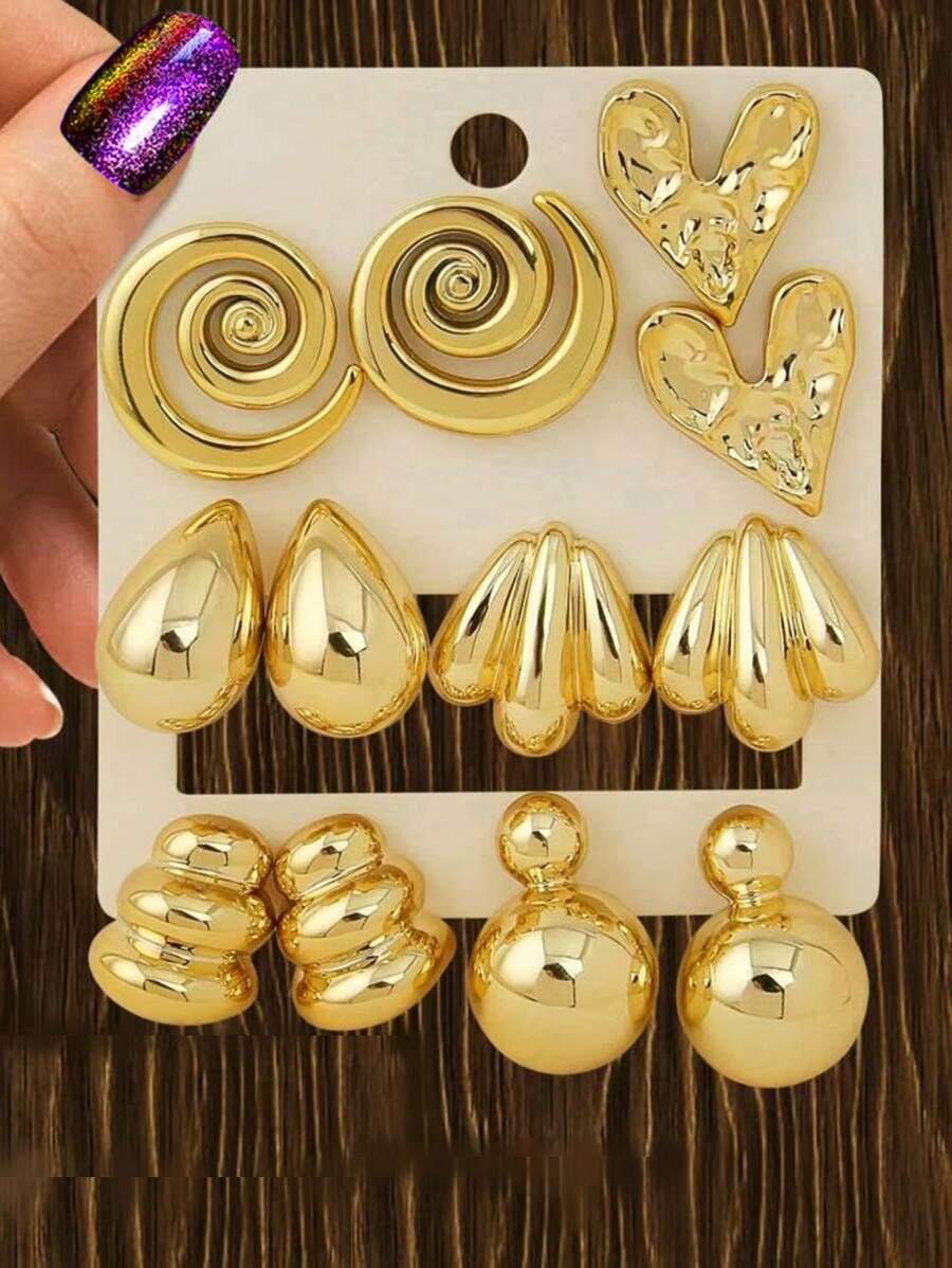 6 Pairs/12pcs Set New European & American Fashion Gold Color Stud Earrings, Gift For Women & Girls, Daily, Party, Travel