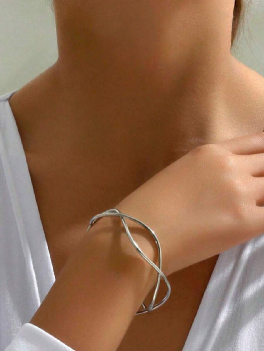 1 pieza Collar de acero inoxidable de dos capas con diseño cruzado, brazalete abierto ajustable en tono dorado/plateado para mujer