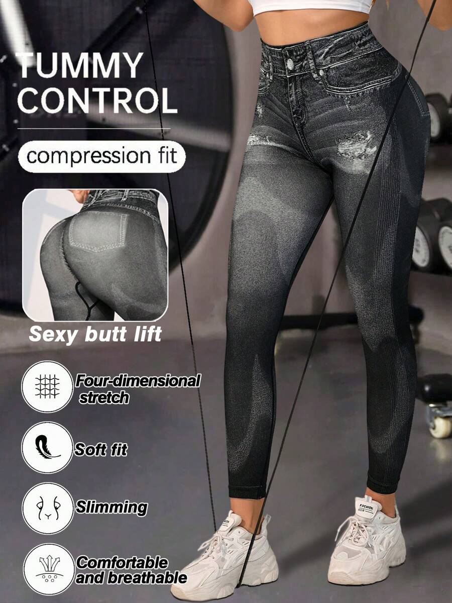 Pantalones capri de yoga con aspecto de jeans de talle alto para mujeres, ajuste delgado estilo europeo y americano, primavera/verano