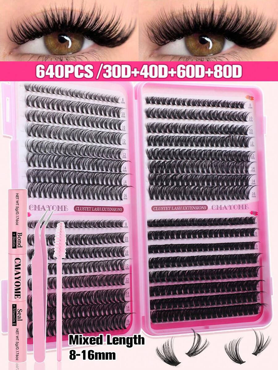 640 D-Curl Personal Eyelash Book Large Capacity 30D+40D+60D+80D 8-16mm Mixed Length Eyelash Curses For Beginners DIY Eyelash Curses Dramatic Volume And Natural Look And Additional Thick And Slender DIY Home Eyelash Extension Set. The Set Includes Adhesive And Seal, Tweezers And Brush The First Choice For Easily Diy Summer Eyelashes At Home