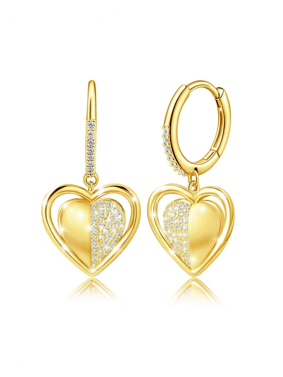 925 Sterling Silver Women's Hypoallergenic Earrings With Cubic Zirconia Heart Pendant, Classic Fashion Earrings Suitable As Birthday/Valentine's Day Gift