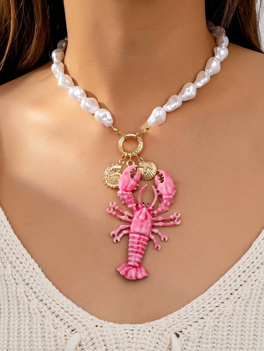 1 Pç Pingente de Lagosta Rosa Estilo Marinho Oceano Boêmio Pérola Falsa Colar com Contas Joia Boho Feminina Adequado para Férias de Verão, Praia, Uso Diário