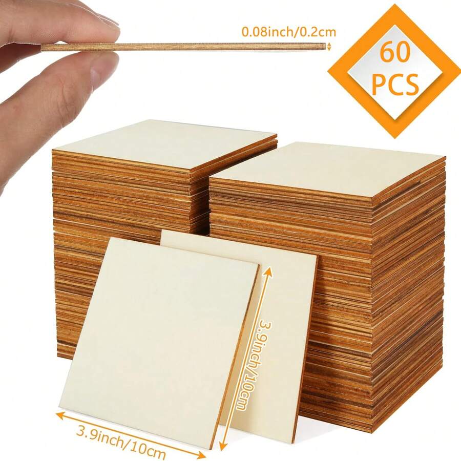 60 Stücke 10 cm/4 Zoll unfertige Holzquadrate - Premium Holzbrett DIY kreative Bastelutensilien - vielseitige Holzdekor Fliesen - komplettes Bastelset für Modellbau & Heimwerker Projekte
