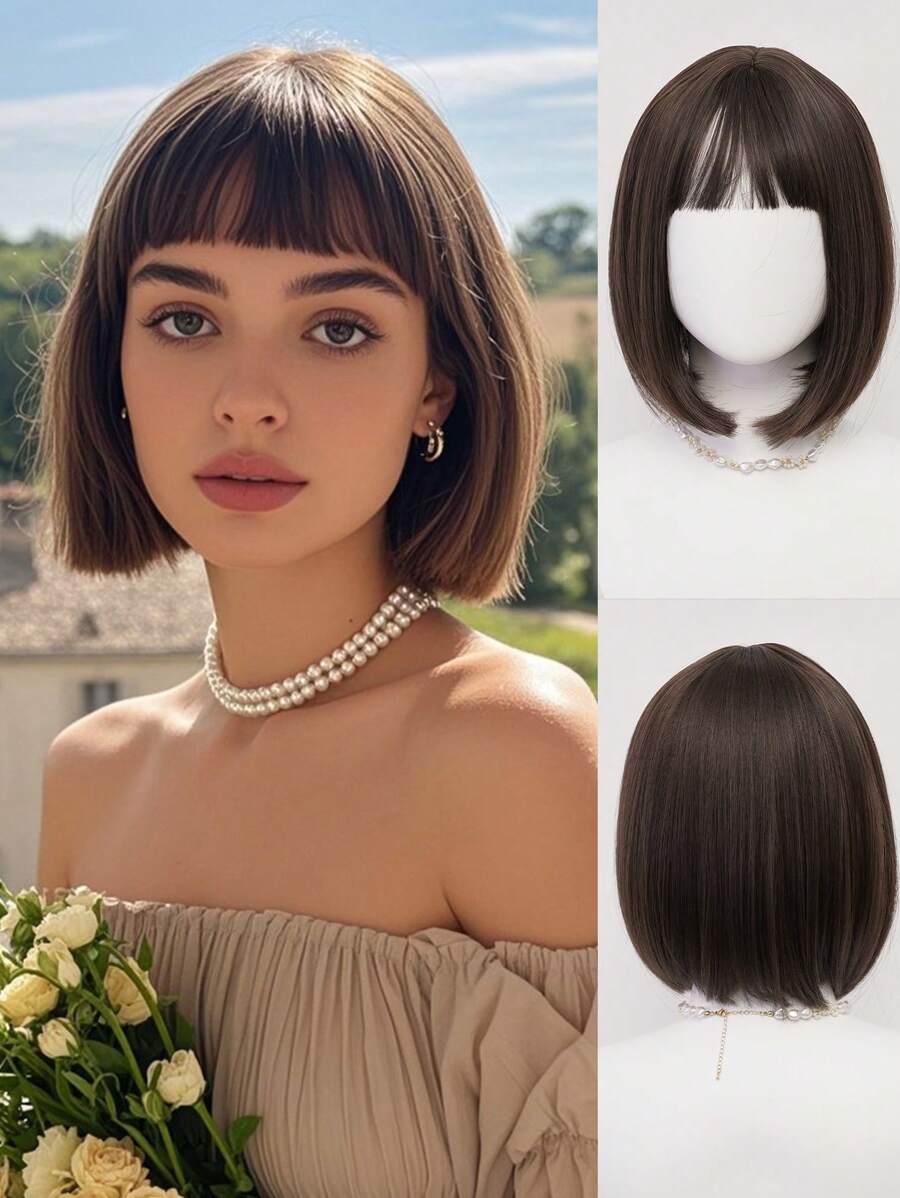 XYUNMI Cool Brown Bob Wig Short Straight Hair With Bangs 12 Inch Lightweight Breathable Women's Heat Resistant Synthetic Wig For Daily Wear Party Role Play Beautiful Natural Lively Cute Short Hair