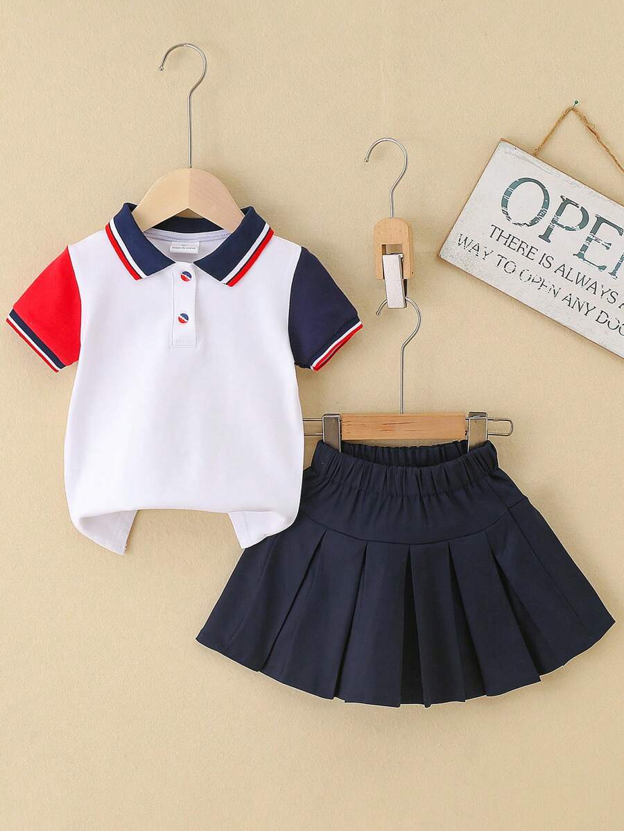 2pcs/Set Girls Elegant Pleated Skirt Set, Multi-Layer Skirt Paired With Colorblock Sleeve Polo Shirt, Slightly Stretchy Summer Outfit, Suitable For Daily And Outdoor Wear