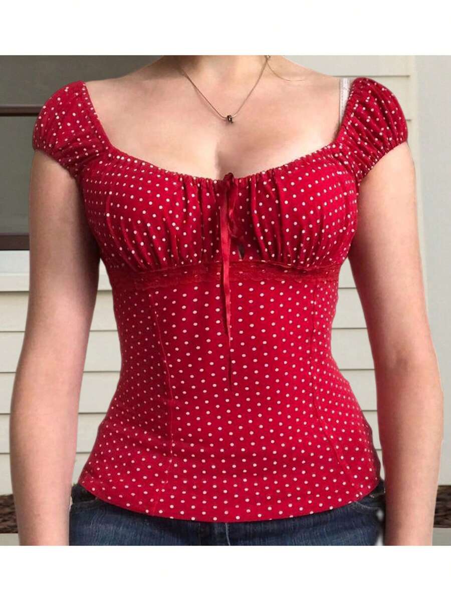 Women Short Sleeve T-Shirts Dot Print Tie-Up Front Casual Shirts Summer Fashion Slim Fit Tops Streetwear