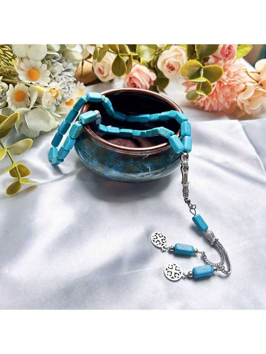 1 pieza Nuevo brazalete de oración musulmán de cuentas de turquesa de 33 cuadrados, de uso diario minimalista