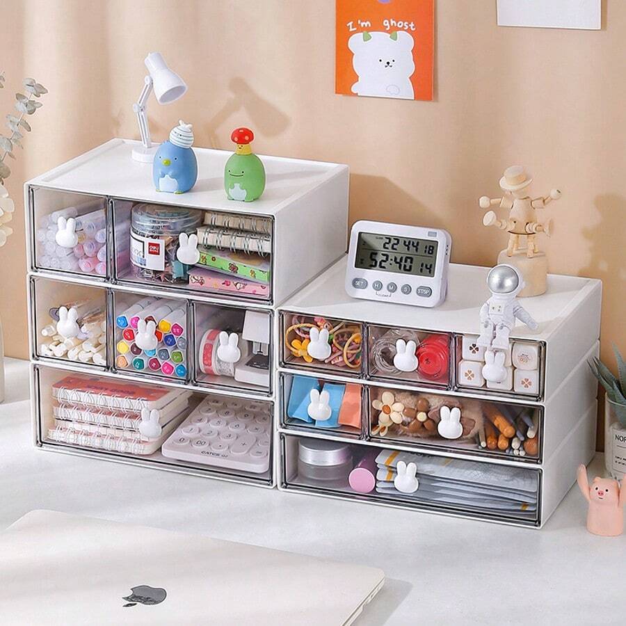 Desktop Cosmetics Storage Rack, Makeup Organiser,Drawer Organiser,Rabbit Stationery Storage Box, Desktop Drawer Storage Box, Stackable Drawer Storage Box, Rabbit-Style Drawer Storage Box, Multifunctional Organizer For Office And Dresser, Suitable For Space-Saving Design Of Family Dormitory Desk At The Entrance Of Hair Accessories, Stationery And Jewelry Bedroom Living Room.