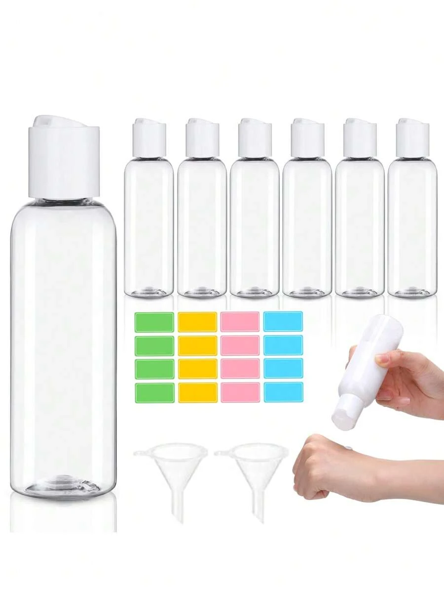 8 pièces Bouteille ronde à épaule transparente avec couvercle à rabat, bouteille vide pour échantillon cosmétique, dispensateur, bouteille de voyage, contenants de voyage de petite taille étanches avec entonnoirs et étiquettes pour articles de toilette, shampooing, lotions, revitalisants, cosmétiques de voyage, à la maison et en voyage