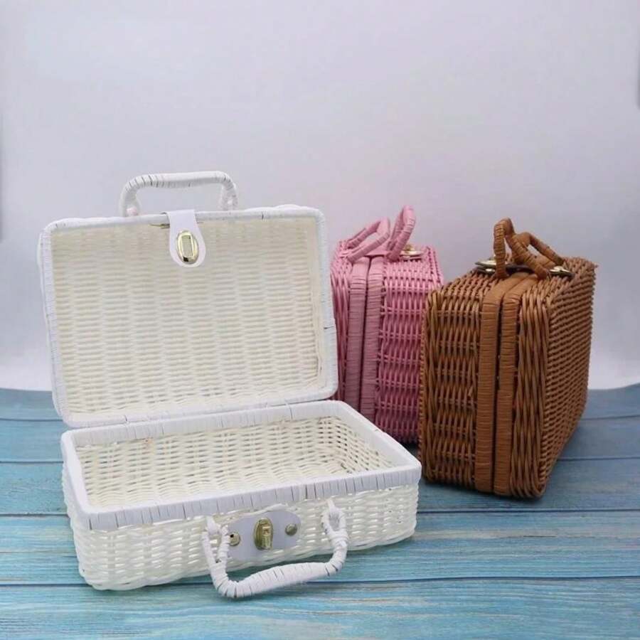 Rattan-Like Finish Box, Woven Basket, Retro Storage Box, Decorative Accessory, Hand-Held Suitcase, Gift Box