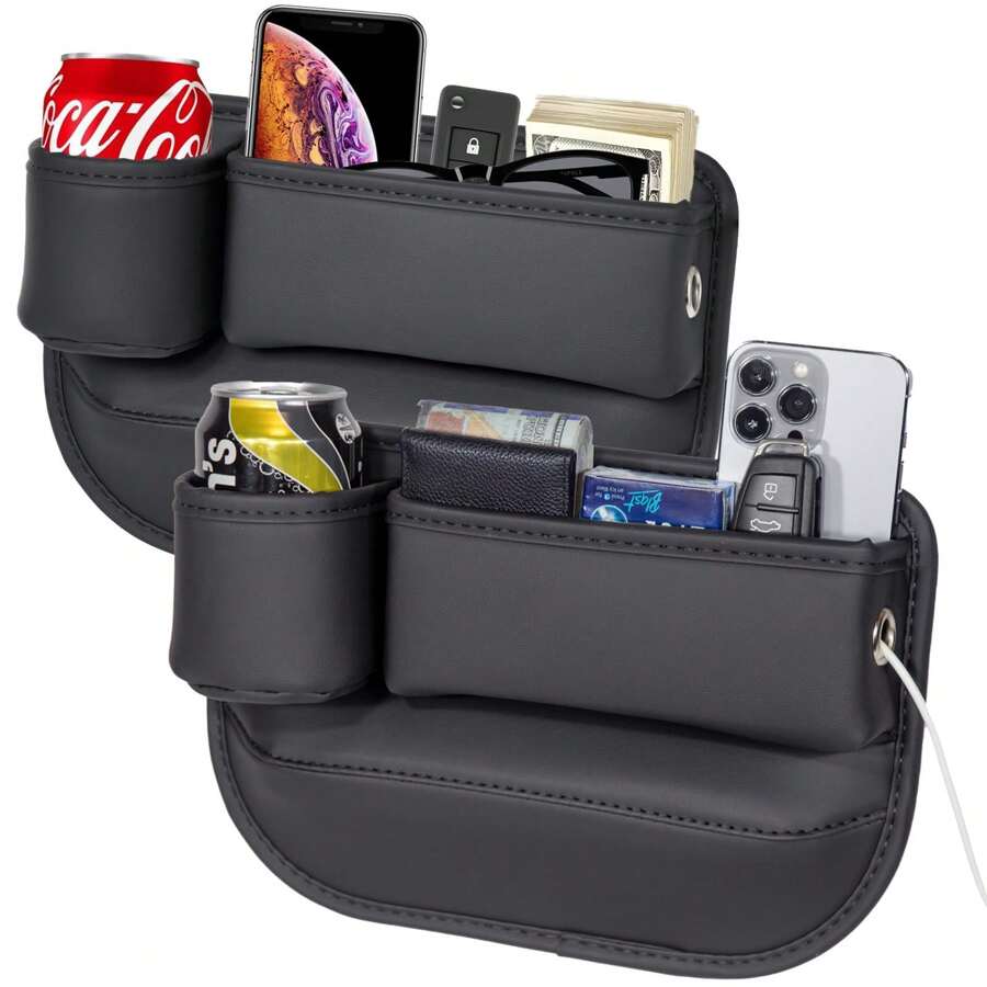 2 Packs Car Seat Gap Filler Organizer, Car Seat Organizer, Seat Gap Storage Box With Cup Holders For Drink, Car Leather Cup Holder Gap Bag Front Seat For Holding Phone, Sunglasses,Keys, Cards(Black)