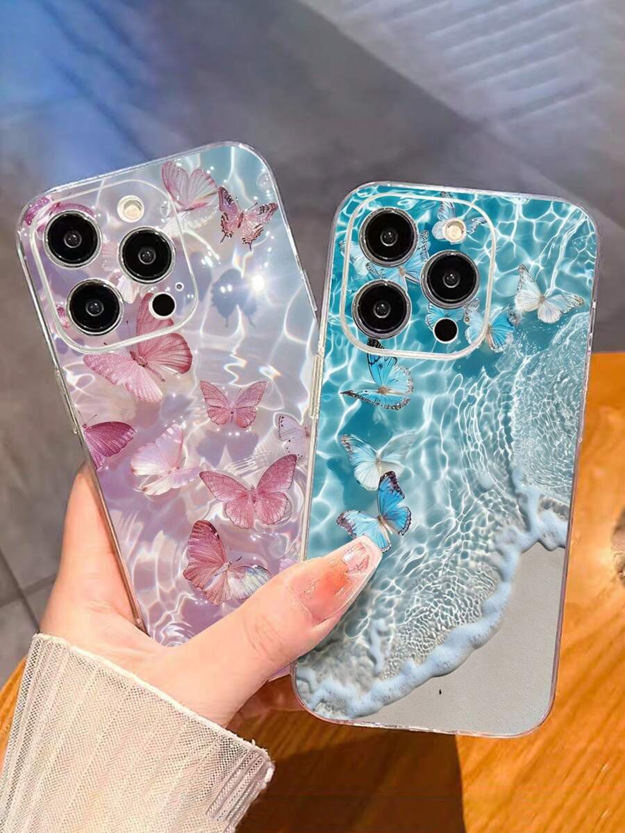 2 pièces Étuis de téléphone ultra transparents et délicats avec papillons roses et bleus peints, résistants aux chocs, convenant aux 14, 14 Pro, 14 Pro Max, 13, 13 Pro, 13 Pro Max, 11, 11 Pro Max, 12, 12 Pro, 12 Pro Max, XR, 7/8, XS, 15, 15 Pro