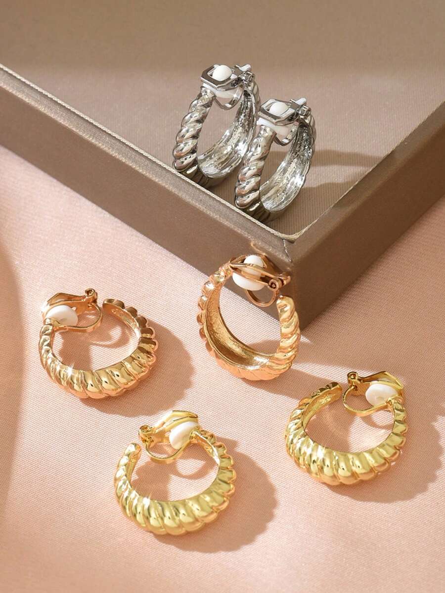 2pcs Minimalist Personalized Hollow Geometric Metal Clip Earrings Without Piercing, Suitable For Daily Wear