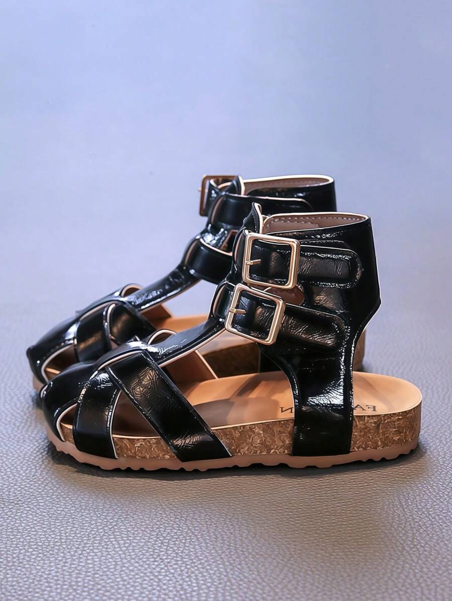 British Style High-Top Girls Sandals, New Summer Kids Roman Shoes, Casual Hook And Loop Mid-Large Children Princess Beach Sandals, Non-Slip Toddler Shoes