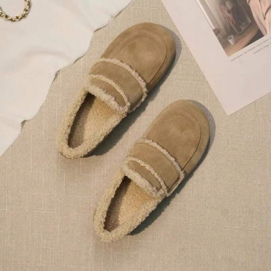 Zapatos mullidos de mujer tipo botín, zapatos planos de estilo retro con diseño deslizante, con revestimiento de terciopelo y algodón