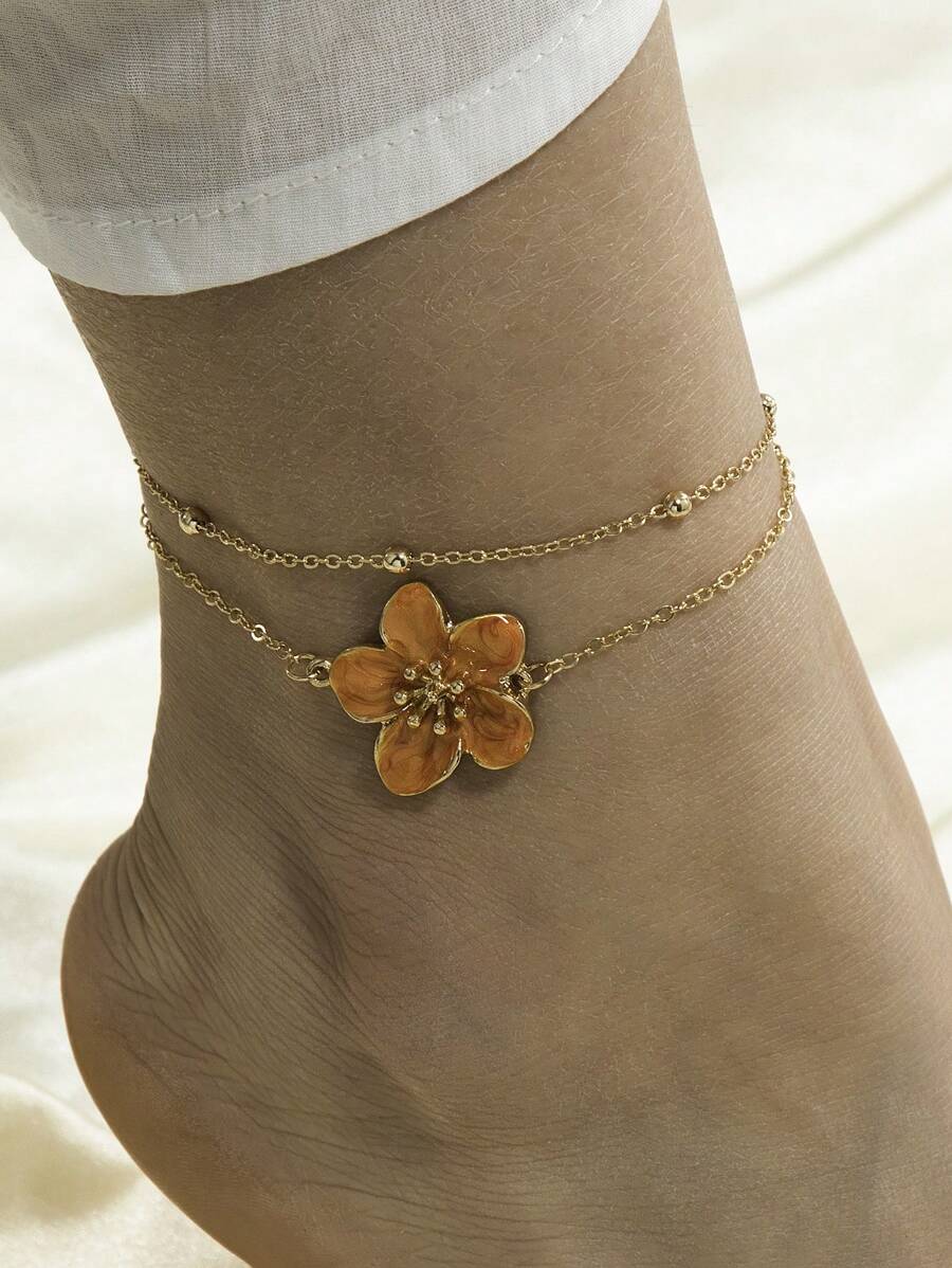 1 pieza Tobillera multicapa simple y elegante con flor naranja, adecuada para el verano, la playa o el uso diario (la cantidad de cuentas puede variar debido al trabajo artesanal, la longitud se mantiene consistente)