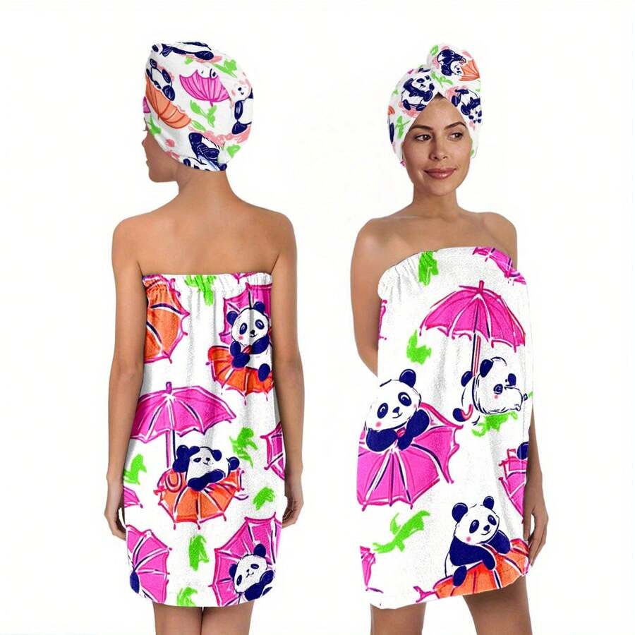 2 Stücke/Set Damen Baderock und Duschhaube Set super weich verstellbar - multifunktionales tragbares Handtuchkleid, süßer Pandadruck Muster, saugfähiges Badetuch Zuhause, sexy strapazlose Badeklimarock, Haartrockenhaube Set, geeignet für Badezimmer, Dusche, Spa, Sauna und Strand Rückkehr zur Schule