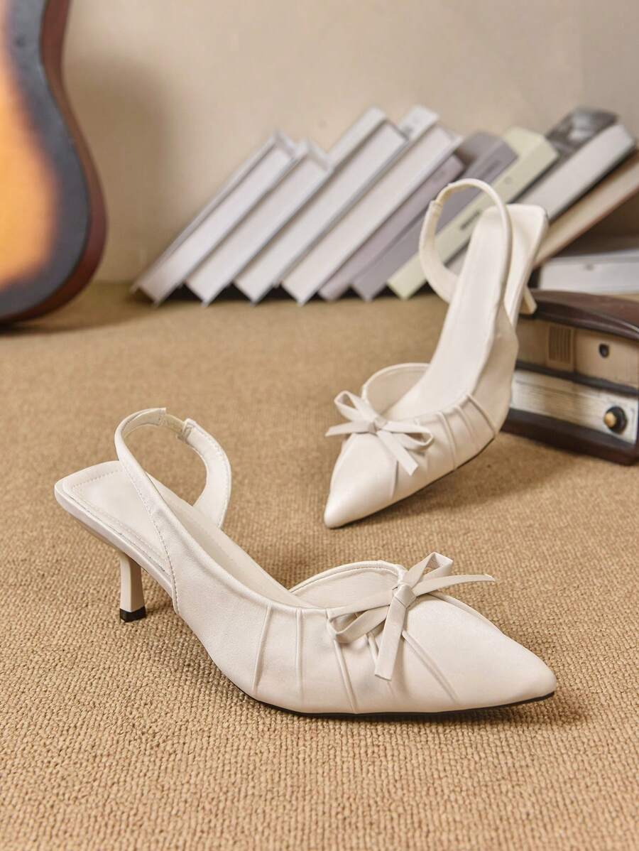 Elegant French Bow Accent White High Heel Dress Shoes, Chic Beige Pointed Toe Mule High Heels For Wedding, Work Attire