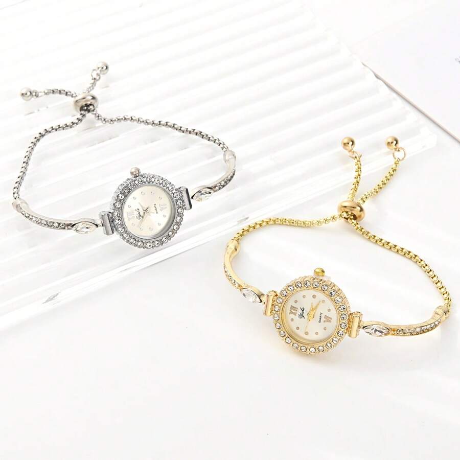 1pc Women's Embellished Pull String Bracelet Watch, Elegant Convenient Quartz Watch, Fashion & Stylish, Great Gift For Holidays