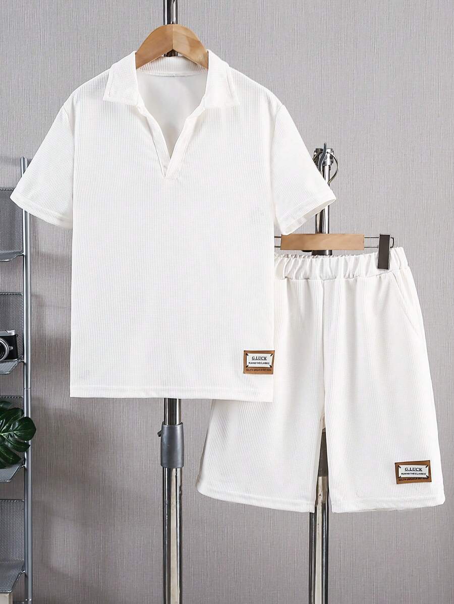 Tween Boy V-Neck Collar Rib Trim Short Sleeve Top And Shorts Set With Pockets
