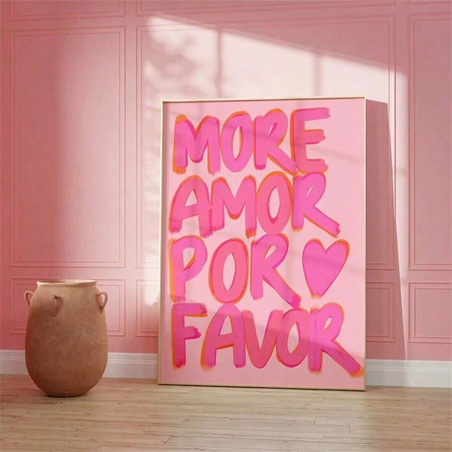 1 pièce Impression sur canevas maximaliste, peintures, citation murale "More Amor Por Favor", affiche typographique, décoration girly pour chambre, salon ou dortoir, sans cadre