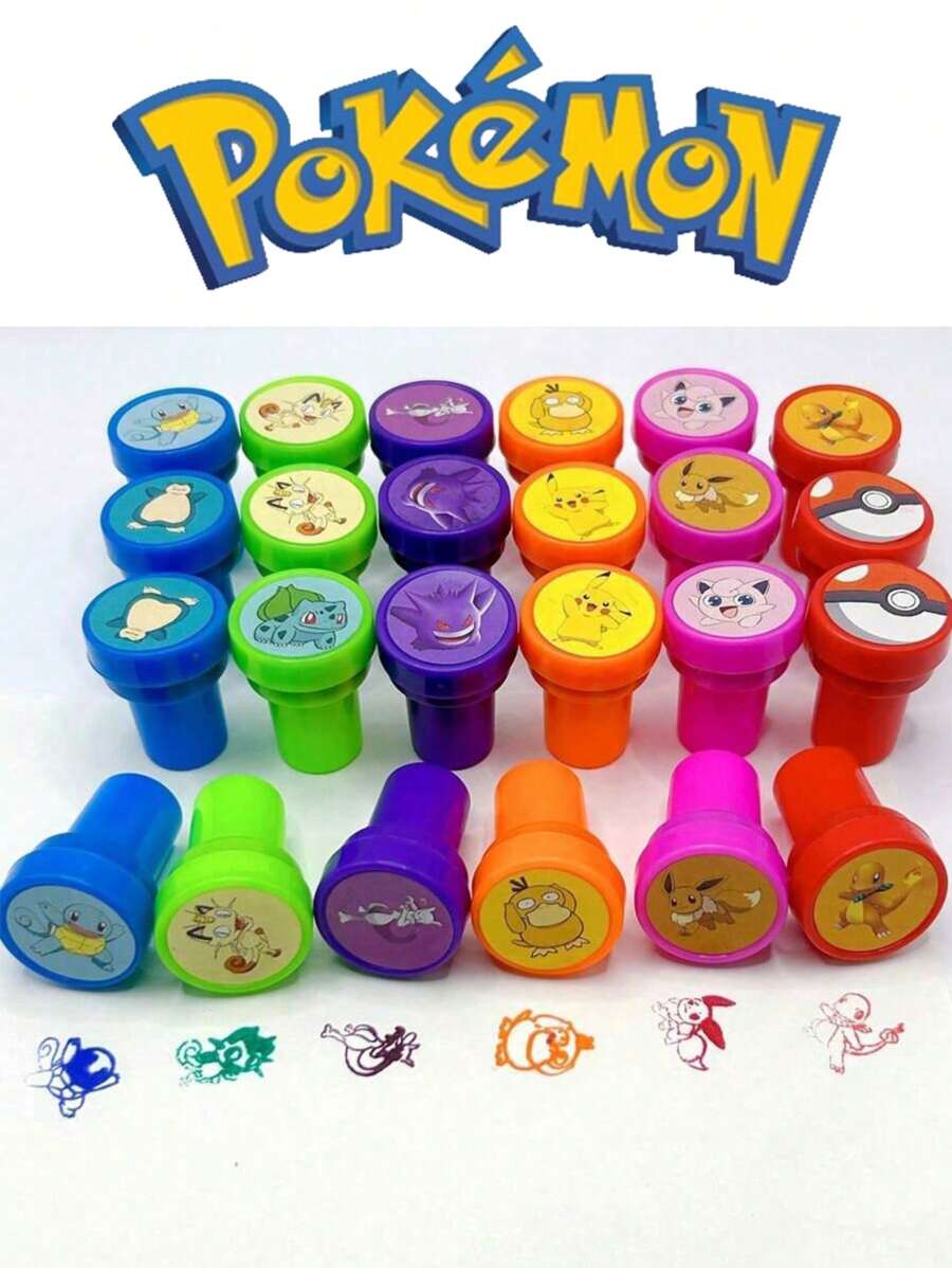 pokemon Pack de 24/12 tampons auto-encreurs de jouets de dessin animé Pokémon, 12 styles de motifs anime mignons, fournitures de scrapbooking pour le dessin DIY et la décoration d'album, excellent cadeau pour l'anniversaire, fête bonus