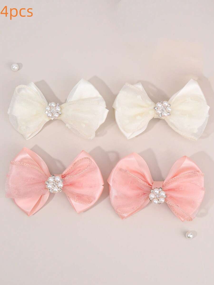 4 piezas Pinzas de pelo con lazos de tela rosada y blanca para niñas, moños de perlas falsas, accesorios de pelo elegantes para niños y niñas pequeñas para uso diario, regalos