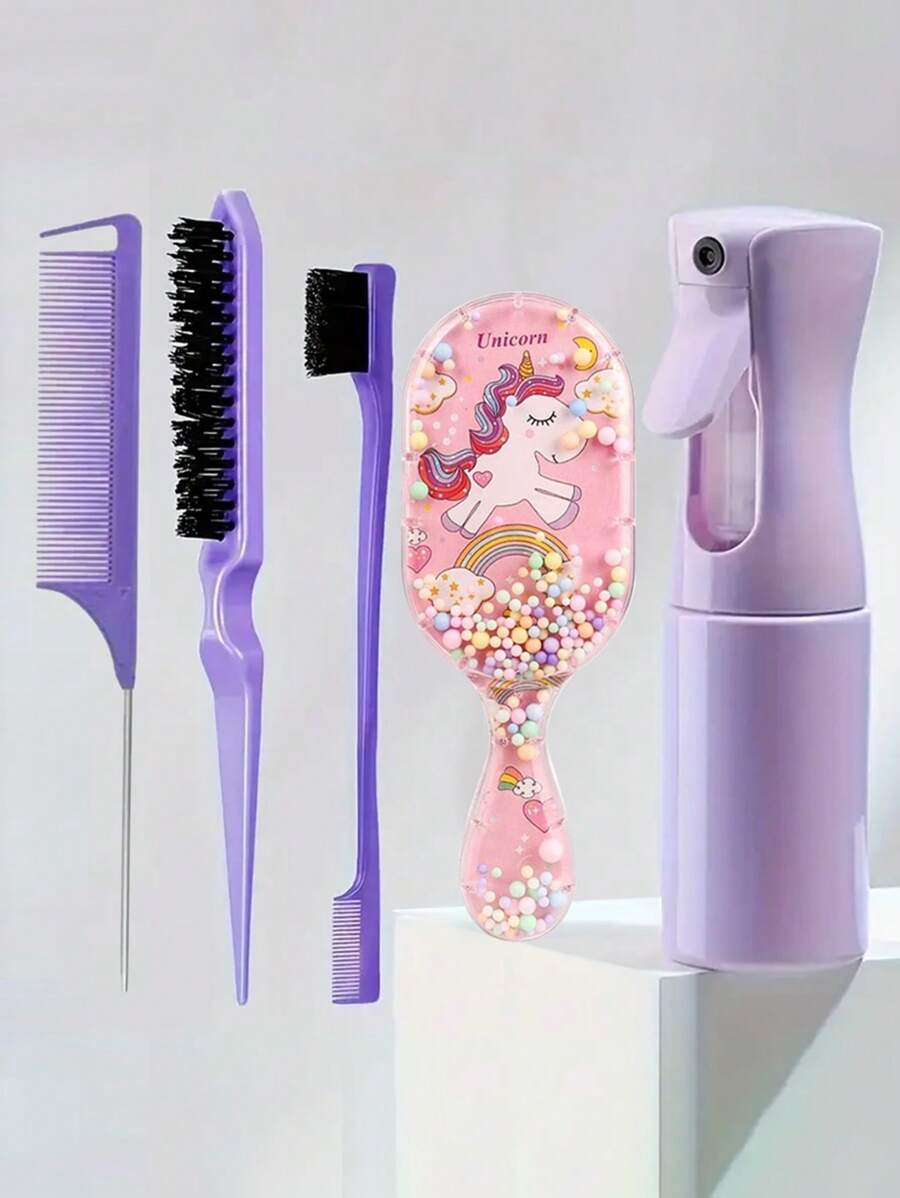 5pcs/Set Transparent Square Spray Bottle, Comb, Children's Cartoon Unicorn Design Detangling Comb, Mini Massage Brush, Hair Brush Set - Random Color