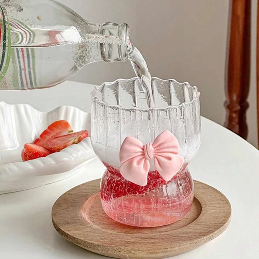 300ml Cute Bow Glass Cup Clear Striped Water Cups Bow-Knot Coffee Drinking Mug Household Fruit Tea Juice Glassware Girls Gift