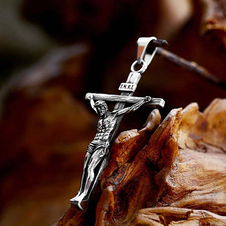 1pc Vintage Stainless Steel Jesus Cross Pendant With 60cm Chain, Suitable For Daily Wear For Men And Women
