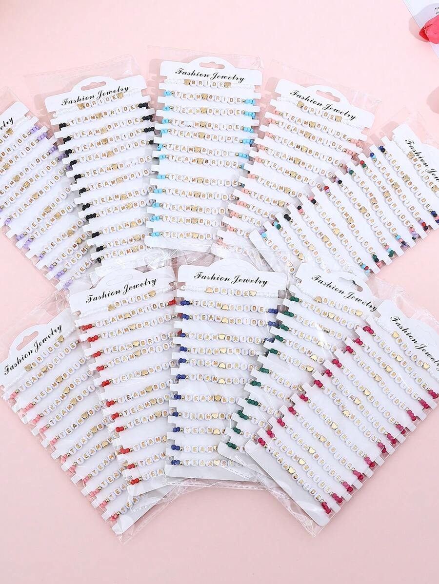 12 Stücke/Set stapelbare Buchstaben, Herz & Perlen Elastische Armband Set, Mehrschichtiges Charm Armband für Bräute, Brautjungfern, Hochzeit, Abschlussball, Party, Geschenk